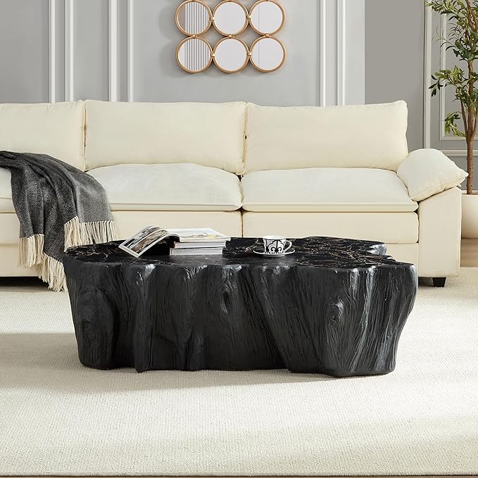 48.62" Coffee Table Modern Unique Shape Fiberglass Center Table for Living Room Apartment Office, No Need Assembly, Black Tree Root Texture Pattern