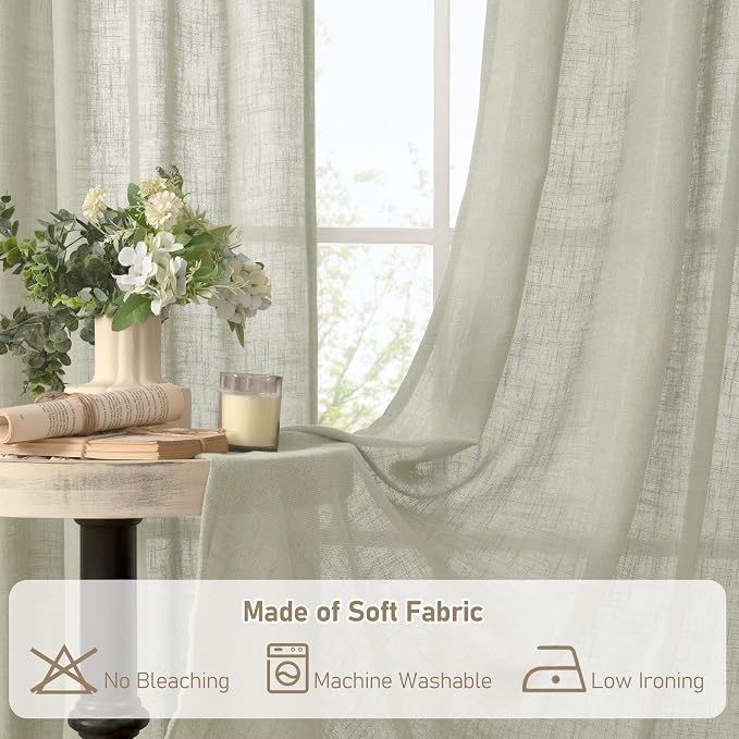 LAMIT Sage Grey Linen Curtains 45 inches Long for Bedroom, Soft Linen Textured Light Filtering Semi Sheer Panels with Bronze Grommet for Living Room, 2 Panels Set, 52 x 45 Inch