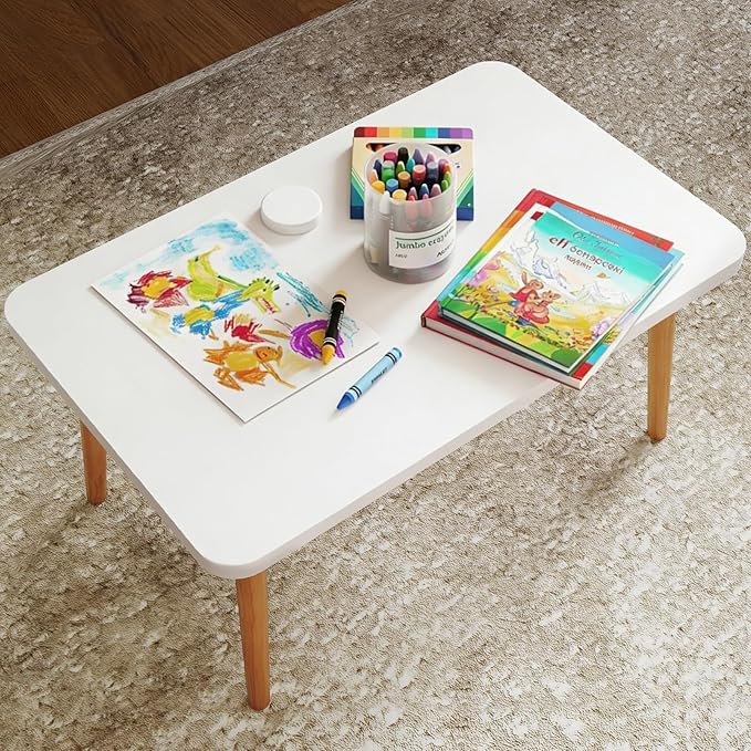Square Coffee Table Low Table with 4 Solid Wood Sturdy Legs,Floor Table Desk for Sitting on The Floor,19.7"D x 31.5"W x 16"H Inches,Living Room/Toy room Furniture,Rental house Furniture (White-Square)