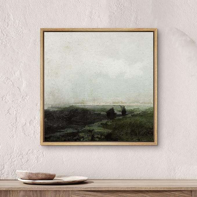 SIGNWIN Framed Canvas Print Wall Art Minimalist Stormy Beach Fisherman Horizon Nature Wilderness Illustrations Fine Art Farmhouse/Country Minimal for Living Room, Bedroom, Office - 16"x16" Natural