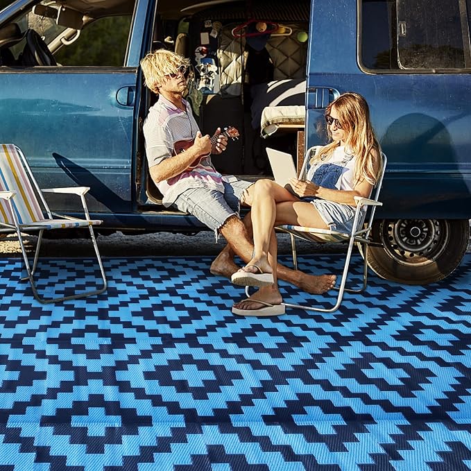 SAND MINE Reversible Mats, Plastic Straw Rug, Modern Area Rug, Large Floor Mat and Rug for Outdoors, RV, Patio, Backyard, Deck, Picnic, Beach, Trailer, Camping, Blue, 9' x 12'