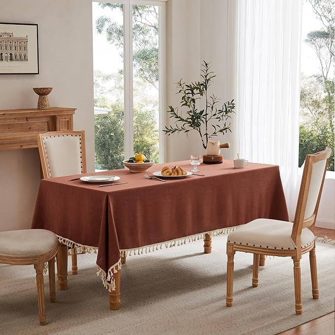 Linen Tablecloth with Tassels, Farmhouse Style Terracota Tablecloth, Water Resistant Burlap Tablecloths for Rectangle Table, 60x120 Inch Terracota