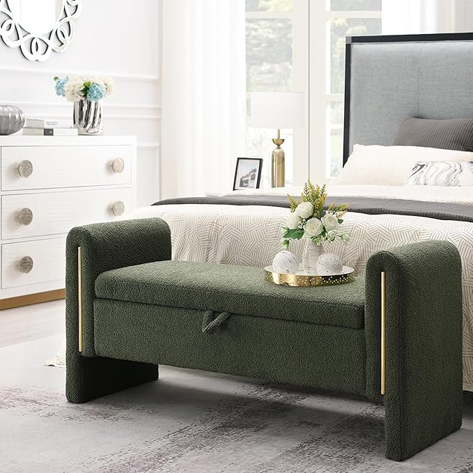 Christopher Knight Home Upholstered Storage Ottoman, Teddy Fabric Bench with Solid Wood Legs, Comfortable Foot Rest Stool, Storage Bench for Bedroom End of Bed, Living Room, Dining Room, Green