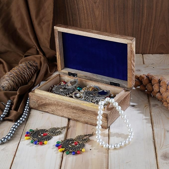 Ajuny Handcrafted Wooden Jewelry Box Hamsa Design Carving Solid Multipurpose Keepsake Storage Travel Organizer Treasure Chest Vintage Decorative Trinket Holder Gifts 8x5 Inch