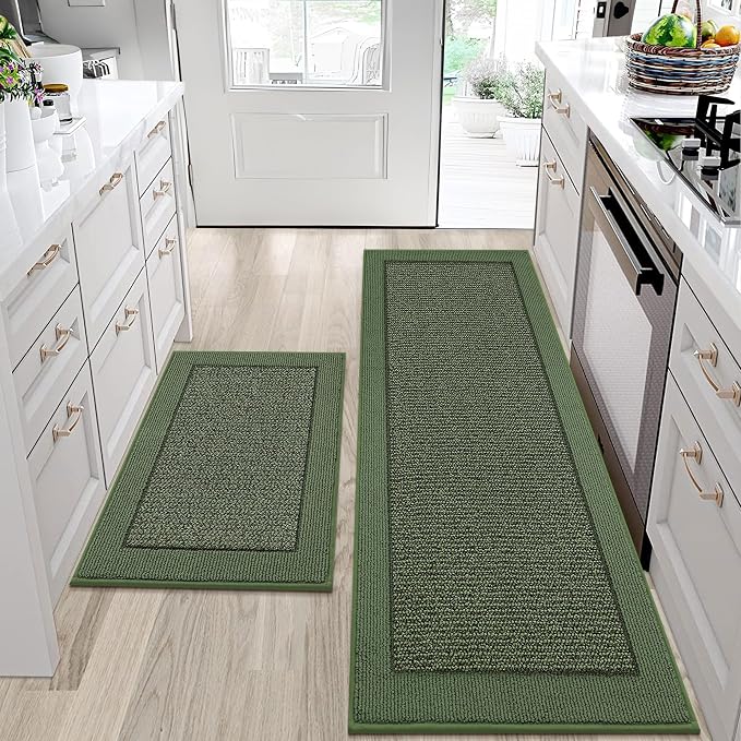 BEQHAUSE Kitchen Rugs and Mats Set of 2 Non-Slip Kitchen Mats for Floor, Absorbent and Stain Resistant Kitchen Runner, Machine Washable Rugs for Kitchen, Laundry & Sink, 24"x36"+24"x60", Green