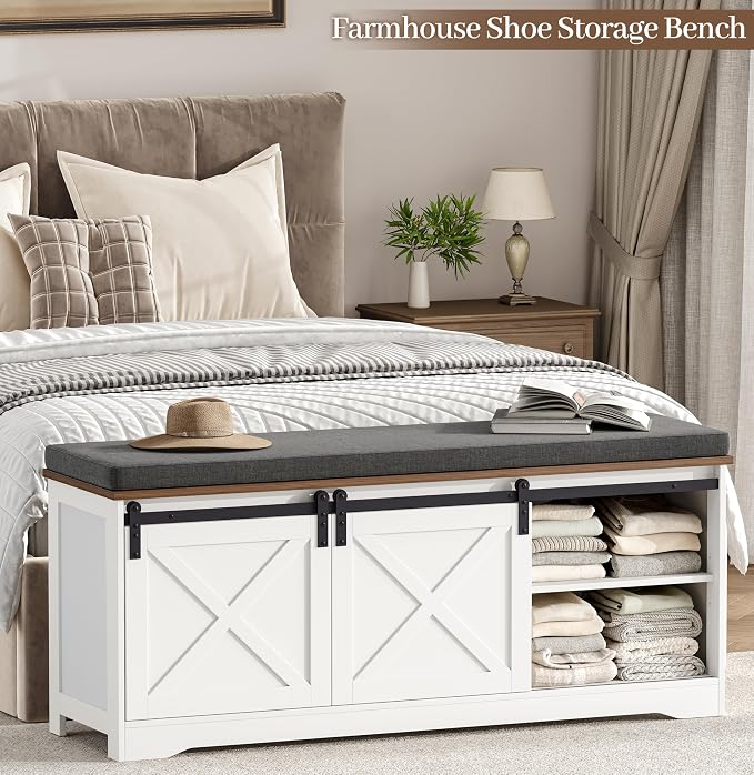 Farmhouse Storage Bench with Cushion, 47.2" Shoe Bench with Slide Barn Doors and Adjustable Shelves, Entryway Bench with Storage for Bedroom, Closet, Living Room, Hallway, White