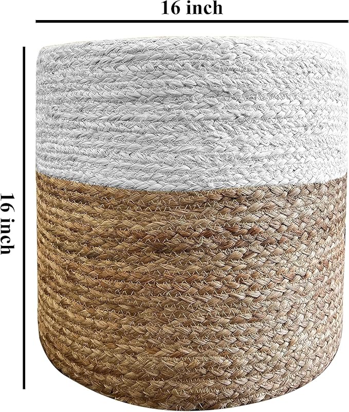 Jute Pouf Ottoman | Footrest Pouf | Hand Braided - Round Boho Pouffe - for Living Room, Bedroom, Nursery (16"x16"x16") Brown