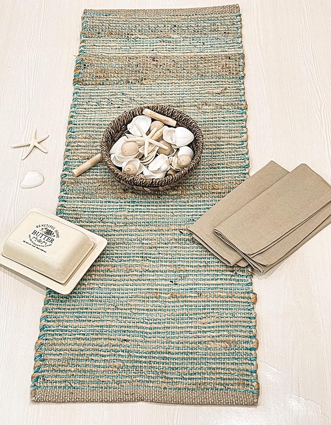 Chardin home Natural Jute Table Runner 13x36 Inch – Vintage Boho Rustic Table Decor – Handwoven Table Runner in Natural Jute and Aqua Turquoise – Farmhouse Dining or Console Table Accent