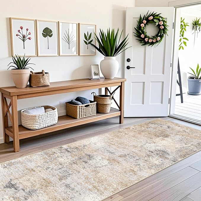 3x10 ft Long Hallway Runner Rug – Non-Slip Washable Kitchen Floor Rug with Rubber Backing, Modern Low Pile Thin Wide Carpet Runners for Bedroom, Entryway Indoor (Gold Grey,3x10)