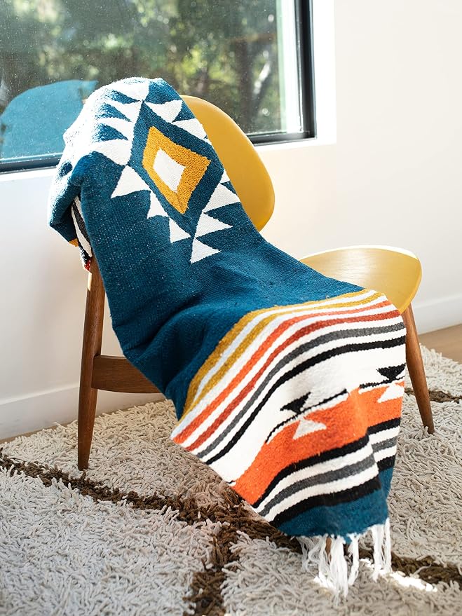 Blue and Tan Mexican Blanket by Laguna Beach Textile Co - Beach, Yoga, Camping, or Decorative Throw Blanket - Traditional Handmade Serape - Navy Baja