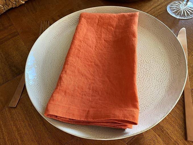Linen Napkins –100% French Flax – Stonewashed Pure Linen Cloth Napkins - Size 18 Inch x 18 Inch – Set of 4 (Sunset Orange)
