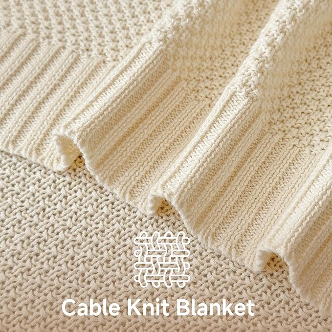Simple&Opulence 100% Cotton Throw Blanket, Solid Color Cable Knitted Blanket Super Soft Comfortable Breathable Decorative Farmhouse for Couch Sofa Bed, All Season Use(White,50x60)