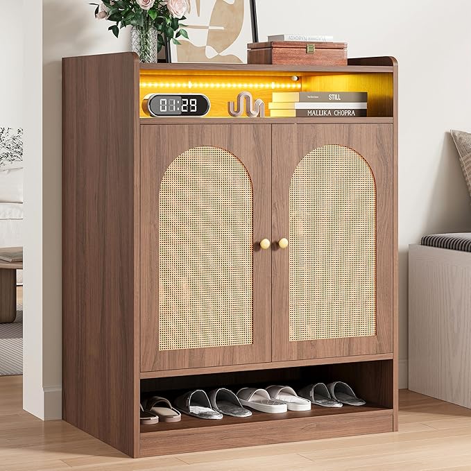 LIKIMIO Rattan Shoe Storage Cabinet with LED Light, 24 Pairs 6-Tier Shoe Cabinet Storage for Entryway with Adjustable Shelves, Farmhouse Shoe Rack Organizer for Hallway, Living Room, Walnut
