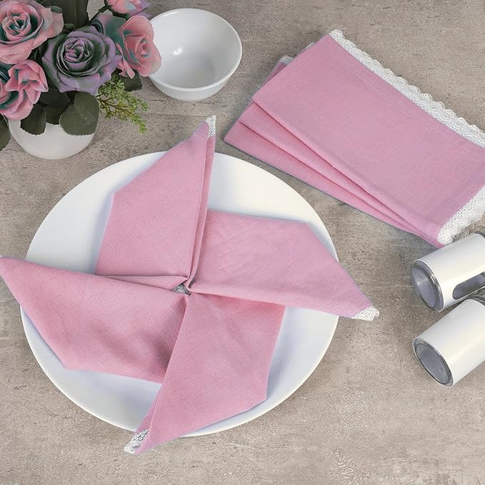 FINGERCRAFT Dinner Cloth Napkin Cotton Linen Blend 4 Pack Mitered Corners with Elegant Lace for Everyday Use Napkins are Pre Shrunk and Good Absorbency Pastel Rose Easter Color