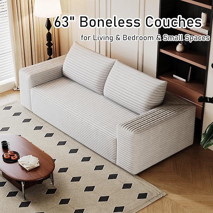 63" Boneless Couches for Living Room,Corduroy Loveseat Sofa for Small Spaces & Bedroom & Apartment,Compressed Sofa No Assembly Required,White