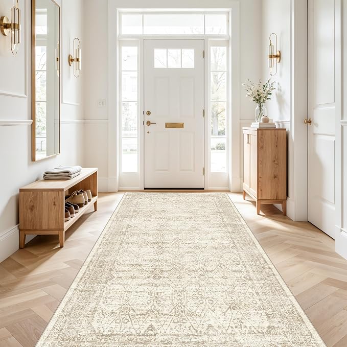 4x8 Rug Indoor Kitchen Washable: Non Slip Area Rug for Entry Hallway Farmhouse Vintage Rug Runner for Bathroom Entryway Low Pile Soft Door Mat for Living Room Bedroom (Beige/Ivory 4'x8')