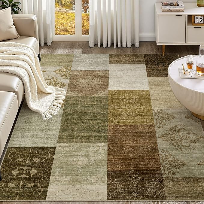 UERMEI 5x7 Area Rug for Living Room - Washable Neutral Modern Abstract Carpet, Non-Slip Soft Large Indoor Floor Rugs for Bedroom Home Office & Under Dining Table Decor, Brown/Green