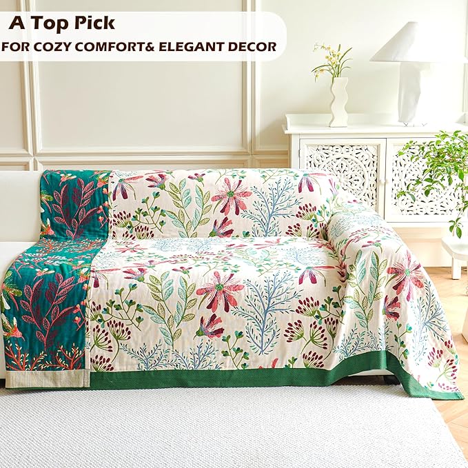 VANJOROY Boho Throw Blanket, 100% Organic Cotton Breathable Ultra Soft 91" x 108" King Bed Quilt Throw - All Season Floral Rustic Farmhouse Decor Luxury Blanket for Sofa Couch Chair and Gift