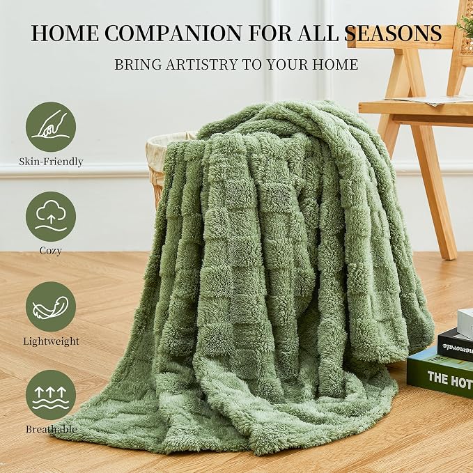 Aganear Blanket Queen Size - Cozy Soft Checkered Throw Blanket for Couch, Sofa, Bed, Office, Warm Decorative Present for Birthday, Christmas(90"x90", Sage Green)