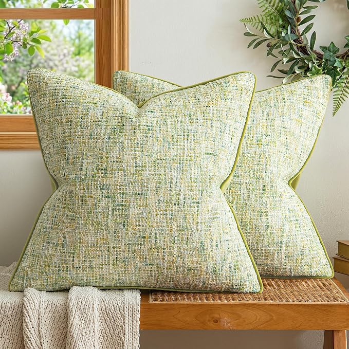a moment Green Reversible Pillow Covers 2 Pack - Farmhouse Chenille Throw Pillows, Neutral Textured Decorative Throw Pillow Covers with Border for Couch Sofa Bed (18x18 Inch, No Insert)