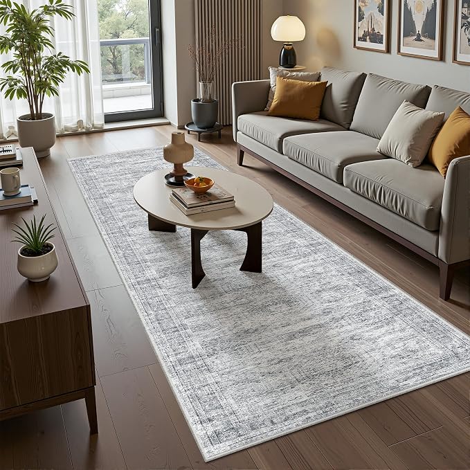 Kitchen Runner Rugs Non Skid Washable - 2.5 x 10 Runner Rug with Anti Slip Backing, Ultra-Thin Soft Rug Runner for Hallway, Bedroom, Living Room (2.5'x10', Grey/Ivory)