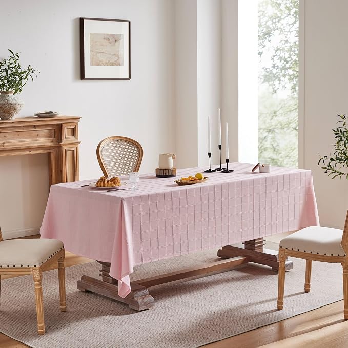 ZeeMart Linen Checked Table Cloth 60x84 Inches (Fit 5ft, Narrow Fit 6ft Rectangle Table), Farmhouse Style Plaid Embroidered Water Resistant Table Cover, Pink