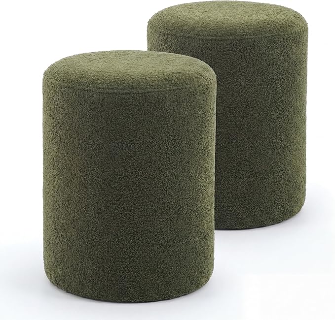 Modern Round Vanity Stools, Small Ottoman, Cute Fabric Foot Stool, Teddy Fleece Footrest, Upholstered Vanity Chair, Stool for Makeup, Bedroom, Living Room(2PCS, Round-Dark Green)