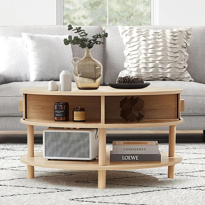 XUZENEST 31.5” Round Coffee Table with Storage, Mid Century Modern 2 Tier Coffee Table with Tambour Sliding Door, Solid Wood Legs Fluted Center Table for Living Room Home Office Small Space, Natural