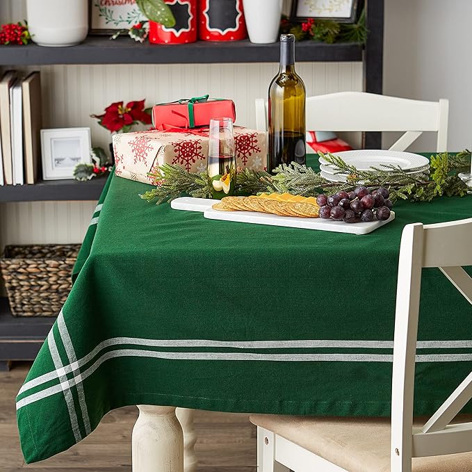 DII Pre de Provence French Stripe Dining Table Collection Farmhouse Style Tablecloth, 52x52 Inches, Balsam Green