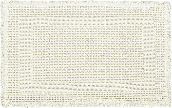 Hiasan Set of 2 Waffle Bath Mat, Super Absorbent Non Slip Bathroom Boho Rug with Tassels, Machine Washable Bath Mats for Bathroom, Ultra Soft Rubber Backed Rug, Loop-White, 16" x 24" + 20" x 32"