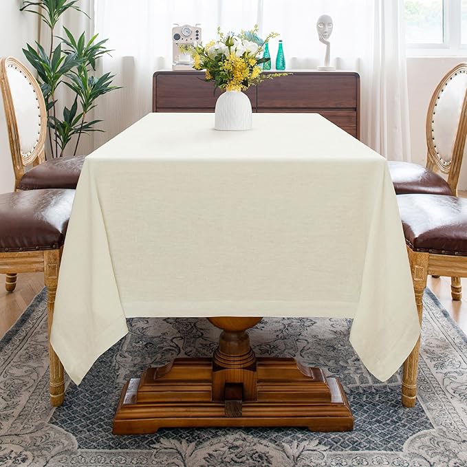 Linen World 100% Linen Tablecloth,Cream Tablecloth 120" x 60" Inch,Washable Rectangular Tablecloth for Dining,Outdoor,Weddings and Restaurants,Decorative Thanksgiving Christmas,Jacquard Weave Design