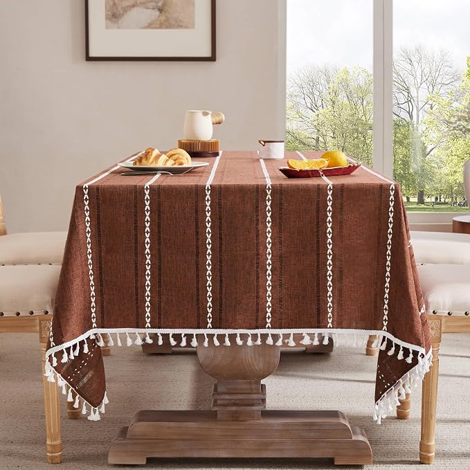 ZeeMart Hemstitched Embroidery Striped Boho Tablecloth 54x70 Inch Terracota, Heavy Weight Farmhouse Burlap Linen Terracota Tablecloth, Wrinkle Resistant Washable Table Cloth for Rectangle Table