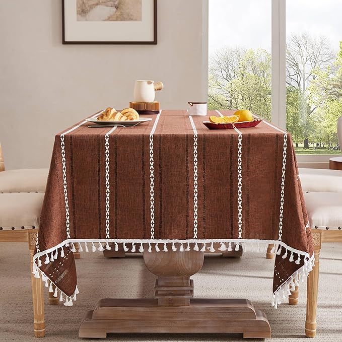 ZeeMart Hemstitched Embroidery Striped Boho Tablecloth 60x84 Inch Terracota, Heavy Weight Farmhouse Burlap Linen Terracota Tablecloth, Wrinkle Resistant Washable Table Cloth for Rectangle Table
