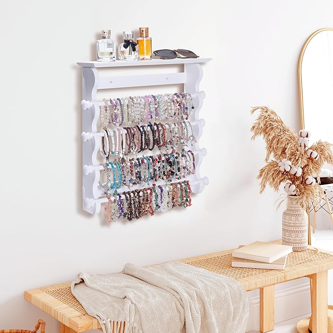 4-Tier Wall-Mounted Wooden Bracelet Holder – Elegant White Jewelry Display Rack with Top Shelf for Perfume, Sunglasses & Accessories – Hanging Organizer for Bracelets, Bangles, Watches & Necklaces