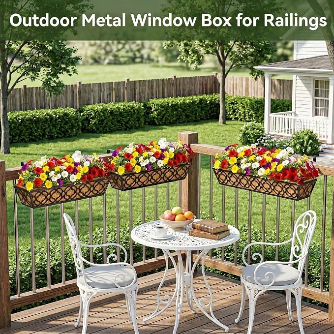 4 Pack 30 Inch Railing Planter Box with Coco Liner, Adjustable Metal Window Box Planter for Balcony Deck Fence, Hanging Flower Basket for Outdoor Garden, Black