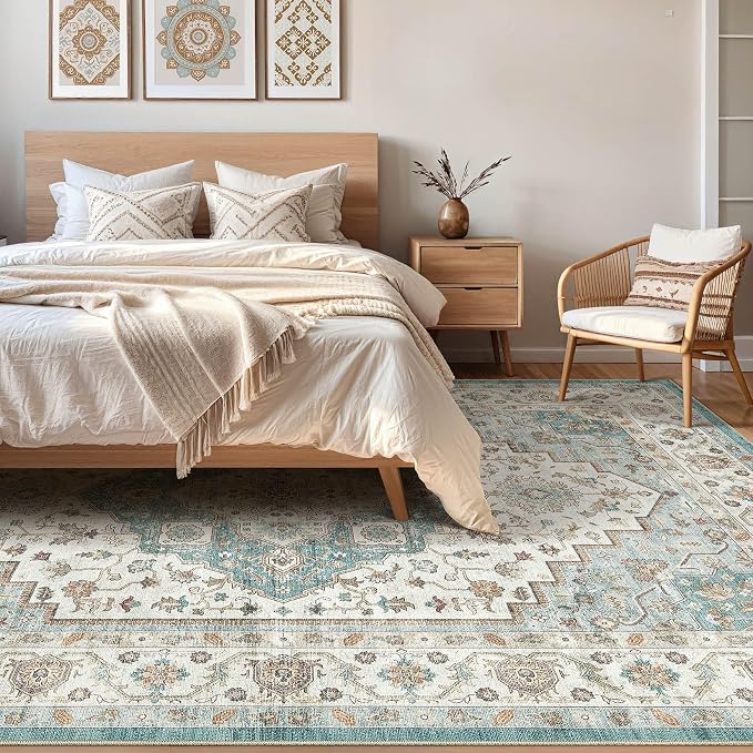10x13 Area Rug Living Room: Washable Boho Large Neutral Vintage Soft Rug Stain Resistant Farmhouse Non-Slip Indoor Floor Carpet for Bedroom Nursery Kids Playroom Office Dining Room Home- Teal Brown
