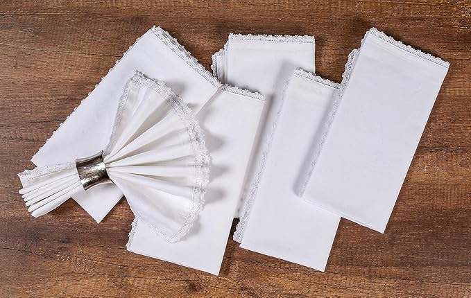Cotton Cloth Napkins Set of 12 Lace - Decorative Soft Washable Reusable Dinner Napkins for Dining Table Decor & Everyday Use - 18x18 Inch - White