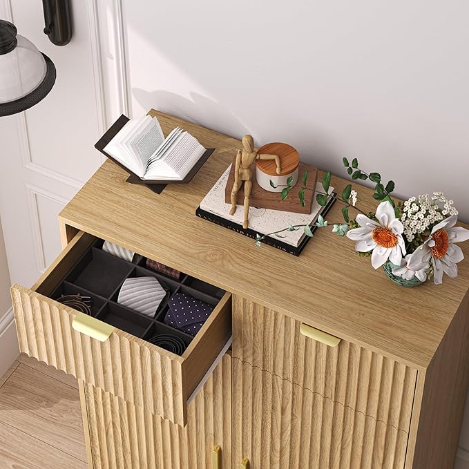 Fluted Shoe Cabinet, 4-Tier Mid Century Modern Narrow Shoe Storage Cabinet with Doors & 2 Drawers, Adjustable Shelves, Freestanding Hidden Shoe Rack Organizer & Wooden Legs for Entryway