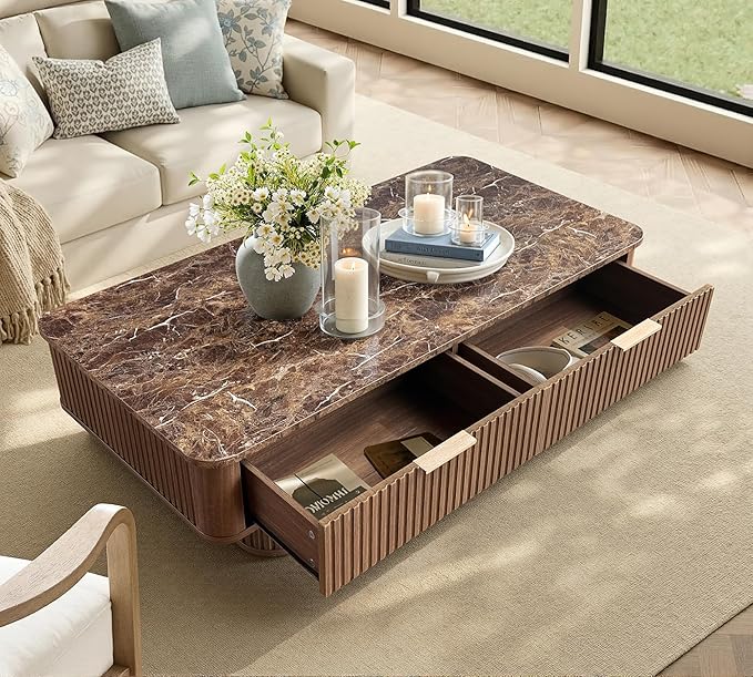 Win2win Fluted Coffee Table with Storage, Mid Century Modern Coffee Table with Faux Marble Top, Minimalist Rectangle Center Table with Sculptural Pedestal Legs & Drawers for Living Room/Office, Walnut