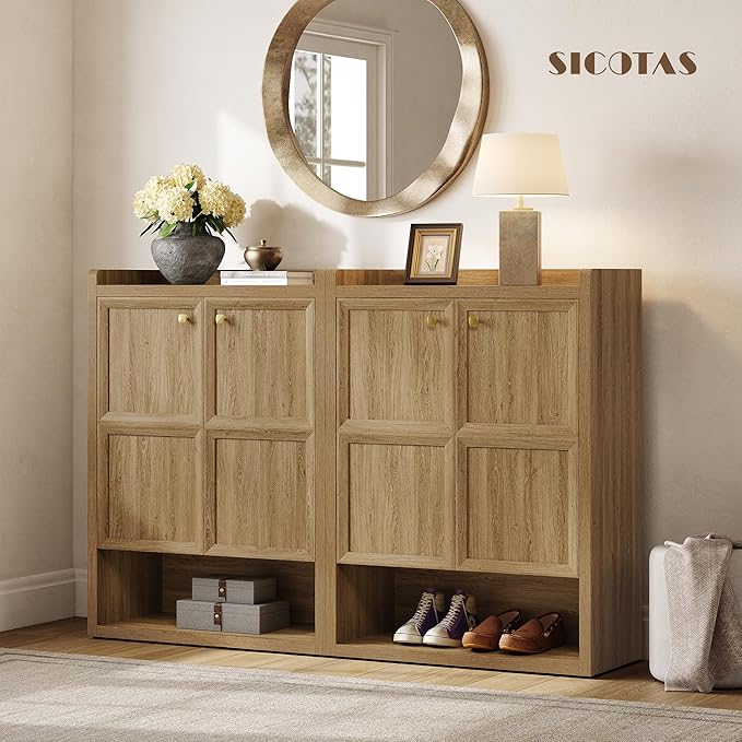 SICOTAS Shoe Cabinet Storage for Entryway - 24-Pair Shoe Cabinets with Doors and Adjustable Shelves, Modern 33.9" Wide 7-Tier Shoes Storage Cabinet for Hallway Mudroom Closet Living Room, Brown Oak
