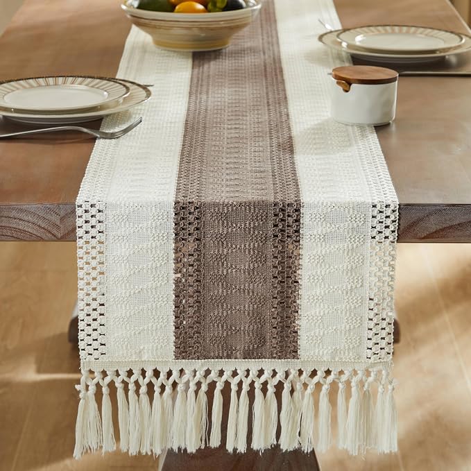 ZeeMart Macrame Style Bicolor Stitching Table Runner, 14 x 108 Inch Cocoa Brown/Ivory, Boho Brown Table Runners 108 Inches Long, Farmhouse Woven Home Decor
