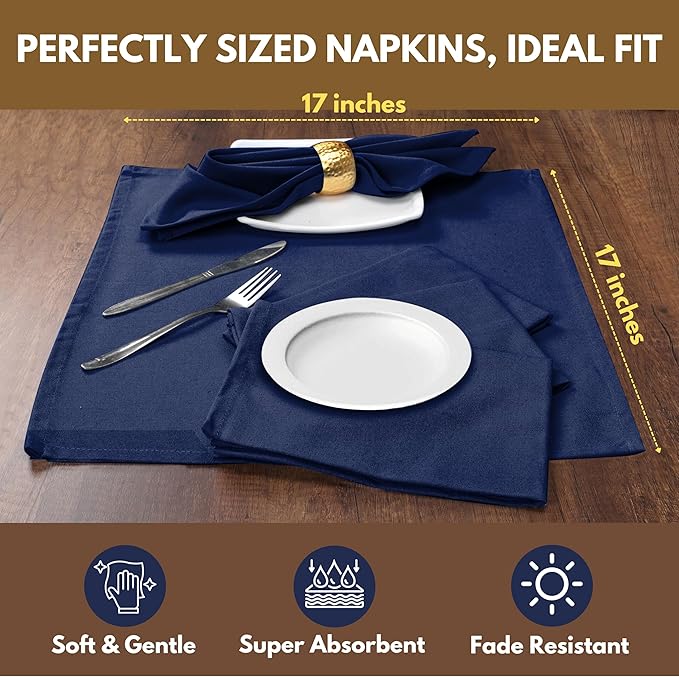 Native Fab Cloth Dinner Napkins Set of 12 Cotton 17x17 Absorbent Soft Restaurant Hotel Quality - Cocktail Napkins, Wedding Dinner Napkins - Everyday Use, Easy Care Washable - Ink Blue
