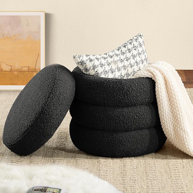 Busaurus Round Ottoman with Storage for Living Room Small Boucle Foot Stool Modern Upholstered Vanity Stool Ottoman Foot Rest for Dorm Corner Home Decor, Set of 1 (Black)