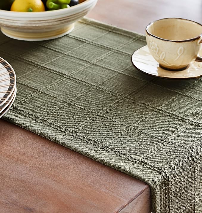 ZeeMart Linen Checked Farmhouse Table Runner, 13x60 Inches Olive | Raised Grid Design, Rich Woven Texture, Linen Blend Table Runners 60 Inches Long, Machine Washable, Boho Home Kitchen Decor