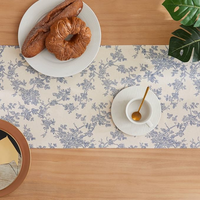 100% Cotton French Pastoral Table Runners, 13x36 Inch Blue Farmhouse Table Runners 36 Inches Long, Vintage Flowers Print Home Decors