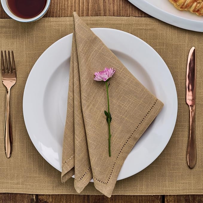 Hemstitch Cloth Napkins 100% Cotton – Sand Brown Dinner Napkins Set of 6/12, 18x18, Washable Fabric Napkins for Everyday Dining, Holiday, Thanksgiving & Christmas Table Décor