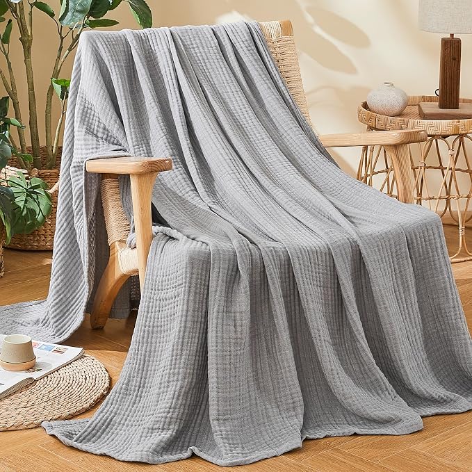 EMME Cotton Muslin Queen Blanket Bed Layering Bedspread Coverlet Breathable Gauze Soft Lightweight Blankets (Heather Grey, 90"x90")