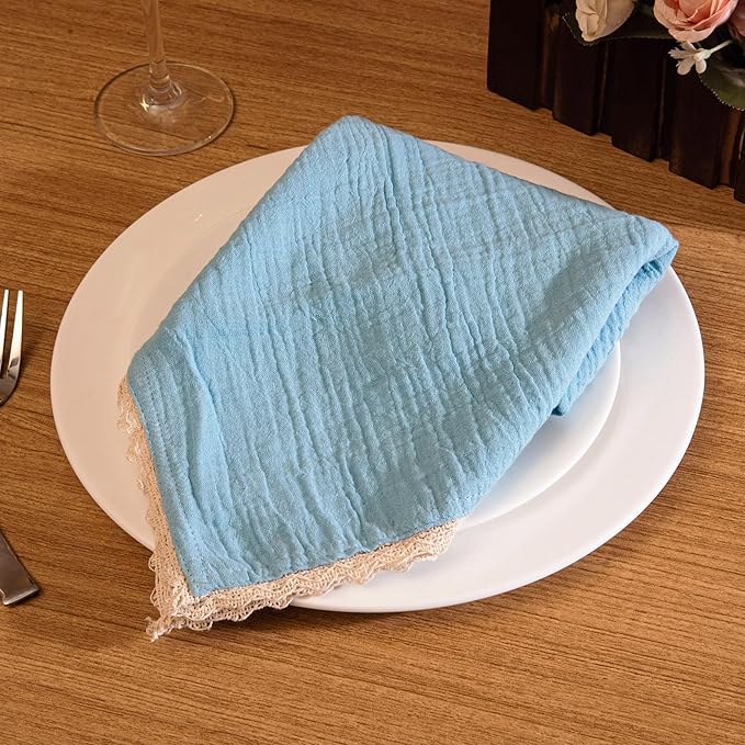 FINGERCRAFT Dinner Cloth Napkin Cotton Muslin Double Gauze 12 Pack with Classic Lace for Everyday Use, Wedding, Party, Christmas, Easter Napkins Cloth are Pre Shrunk and Good Absorbency Aqua Marine