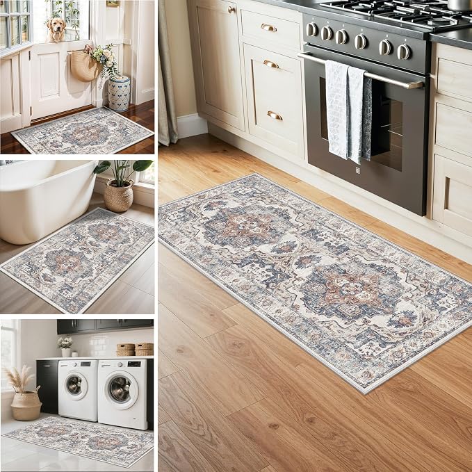 Washable Kitchen Rug Set of 3: Boho Non-slip Soft Stove Sink Mat Light Weight Stain Resistant Carpet for Dog Bowl Area Comfort Tile/Hardwood Floors Protection Mat for Entryway Foyer(2x3+2x4+2x5,Brick)