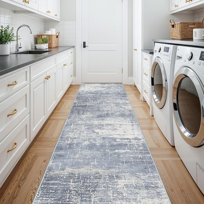 Washable 12ft Hallway Runner Rug: Non-Slip 2'6x12 Kitchen Rugs Low-Pile Entryway Rug Runner Abstract Soft Bedroom Floor Mat Farmhouse Carpet for Bathroom Living Room Dining Room(2'6x12,Blue/Ivory)